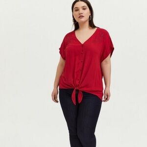 Torrid Disney Mulan Embroidered Red Button-Down Tie Front Blouse, 6 Plus